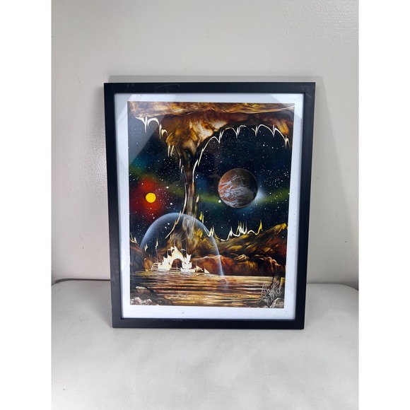 Y2K Vintage Framed Sci-Fi Outer Space Art Print Planets Stars Celestial Painting - Picture 1 of 13
